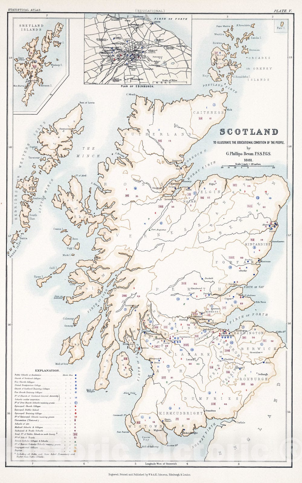 Historic Map : Statistical Atlas - 1881 Scotland to Illustrate the Educational Condition of the People. - Vintage Wall Art