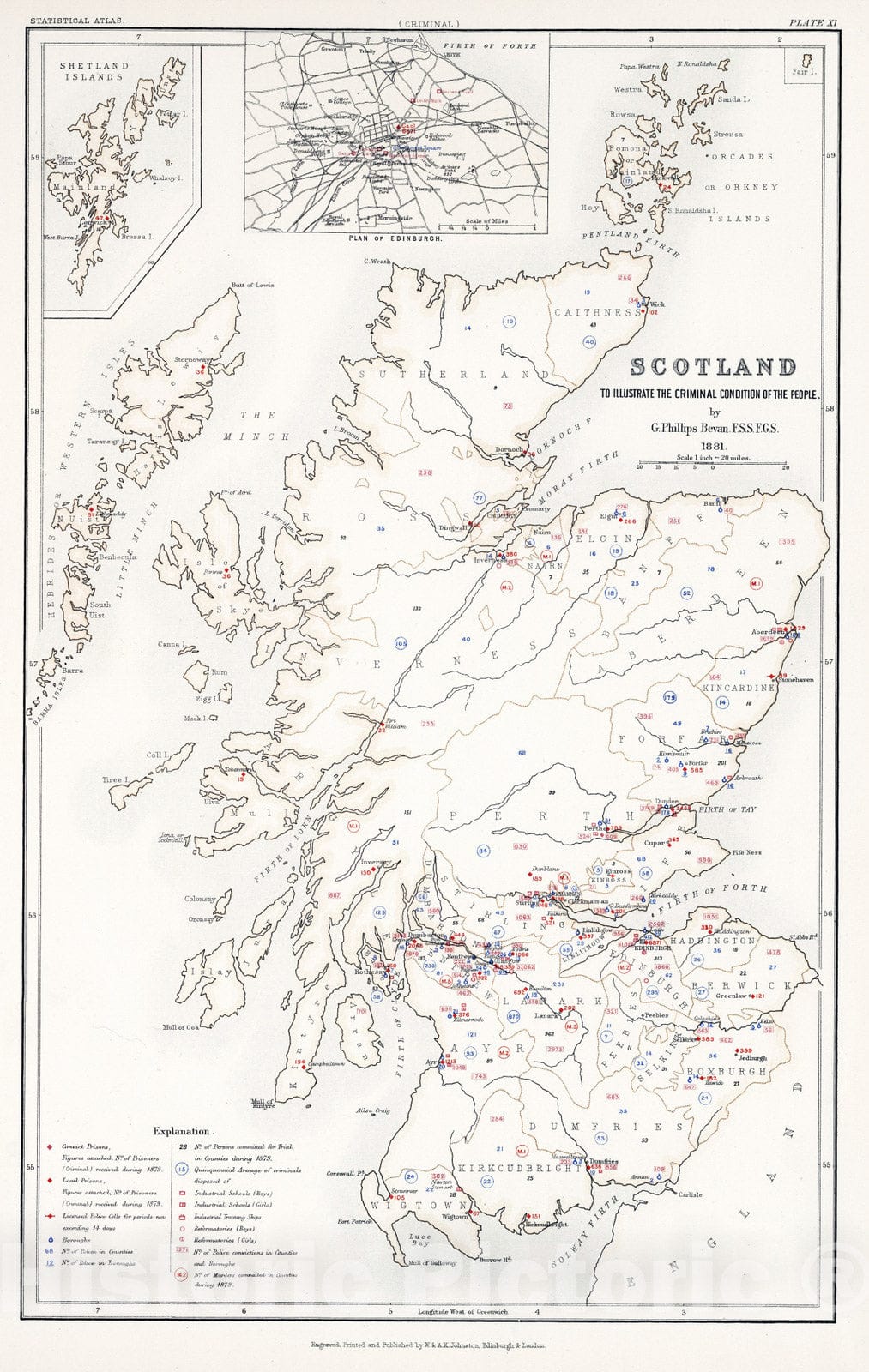 Historic Map : Statistical Atlas - 1881 Scotland to Illustrate the Criminal Condition of the People. - Vintage Wall Art