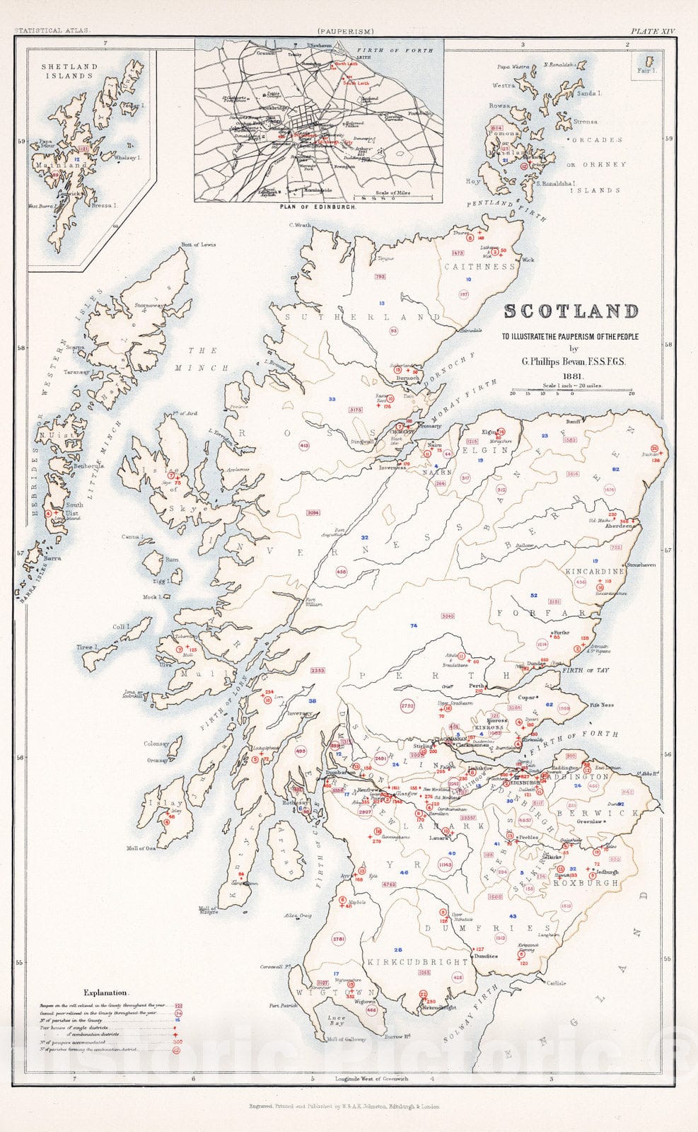 Historic Map : Statistical Atlas - 1881 Scotland to Illustrate the Pauperism of the People. - Vintage Wall Art