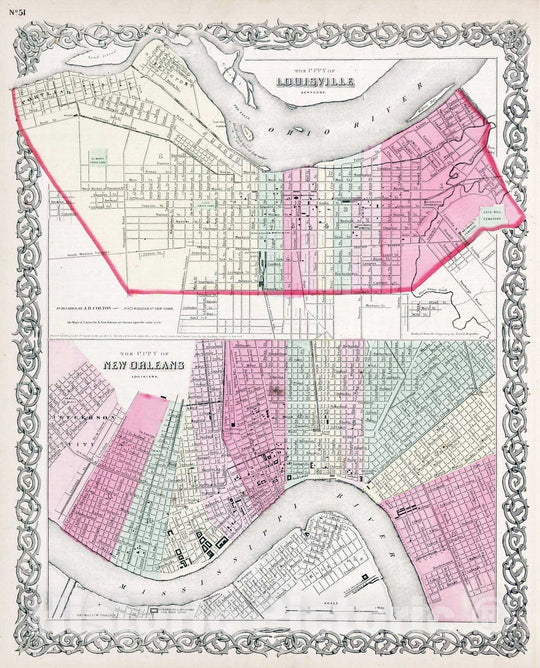 Historic Map : 1865 Louisville, Kentucky. New Orleans, Louisiana. - Vintage Wall Art