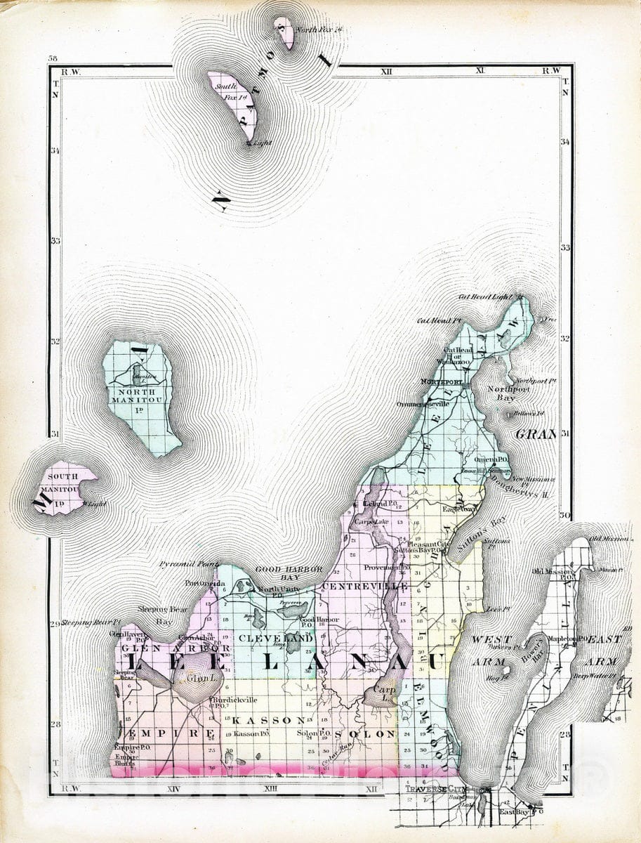 Historic Map - 1873 (Map of Leelanau County, Michigan) - Vintage Wall Art