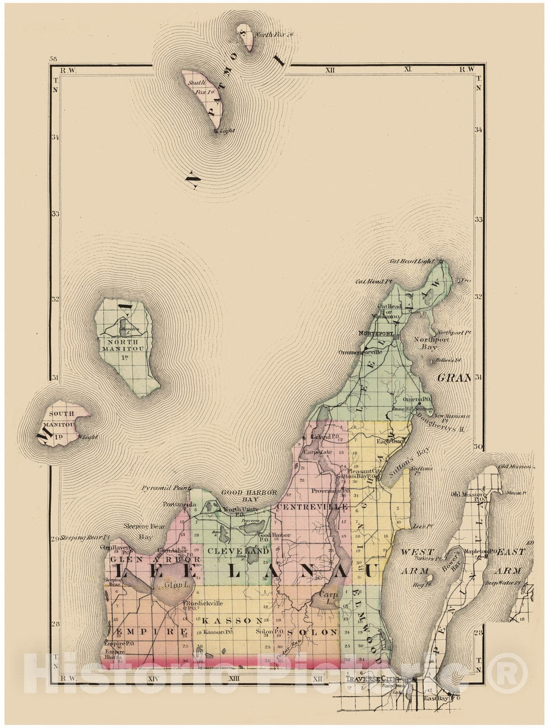 Historic Map - 1873 (Map of Leelanau County, Michigan) - Vintage Wall Art