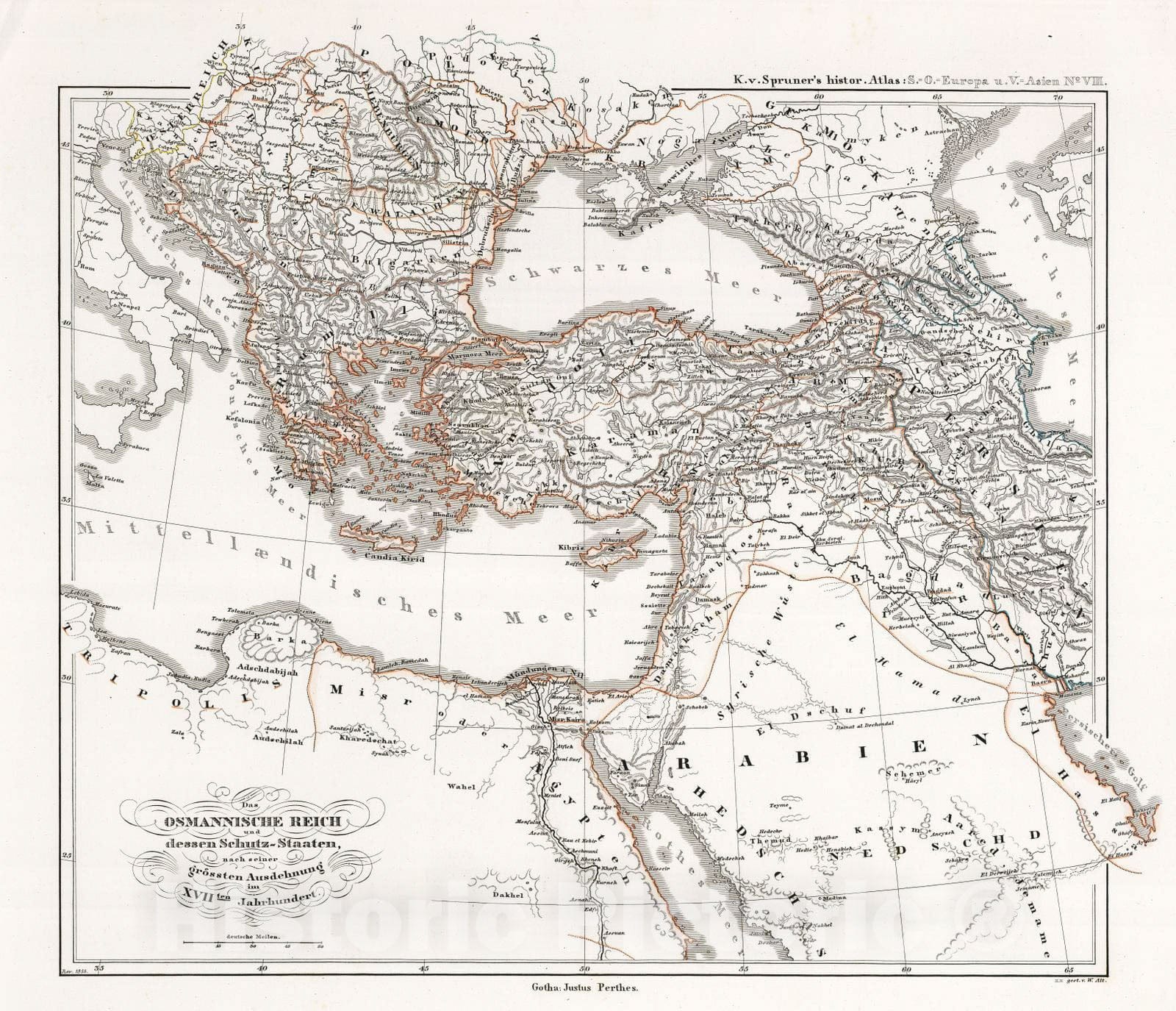 Historic Map : Turkey, Balkan Peninsula, Eastern Hemisphere 1855 Das osmannische Reich, XVIIten Jahrhundert. , Vintage Wall Art