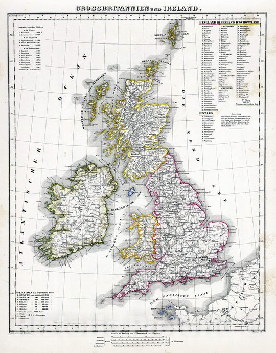 Historic Map : England; Ireland, British Isles 1855 Grossbritannien, Ireland. , Vintage Wall Art