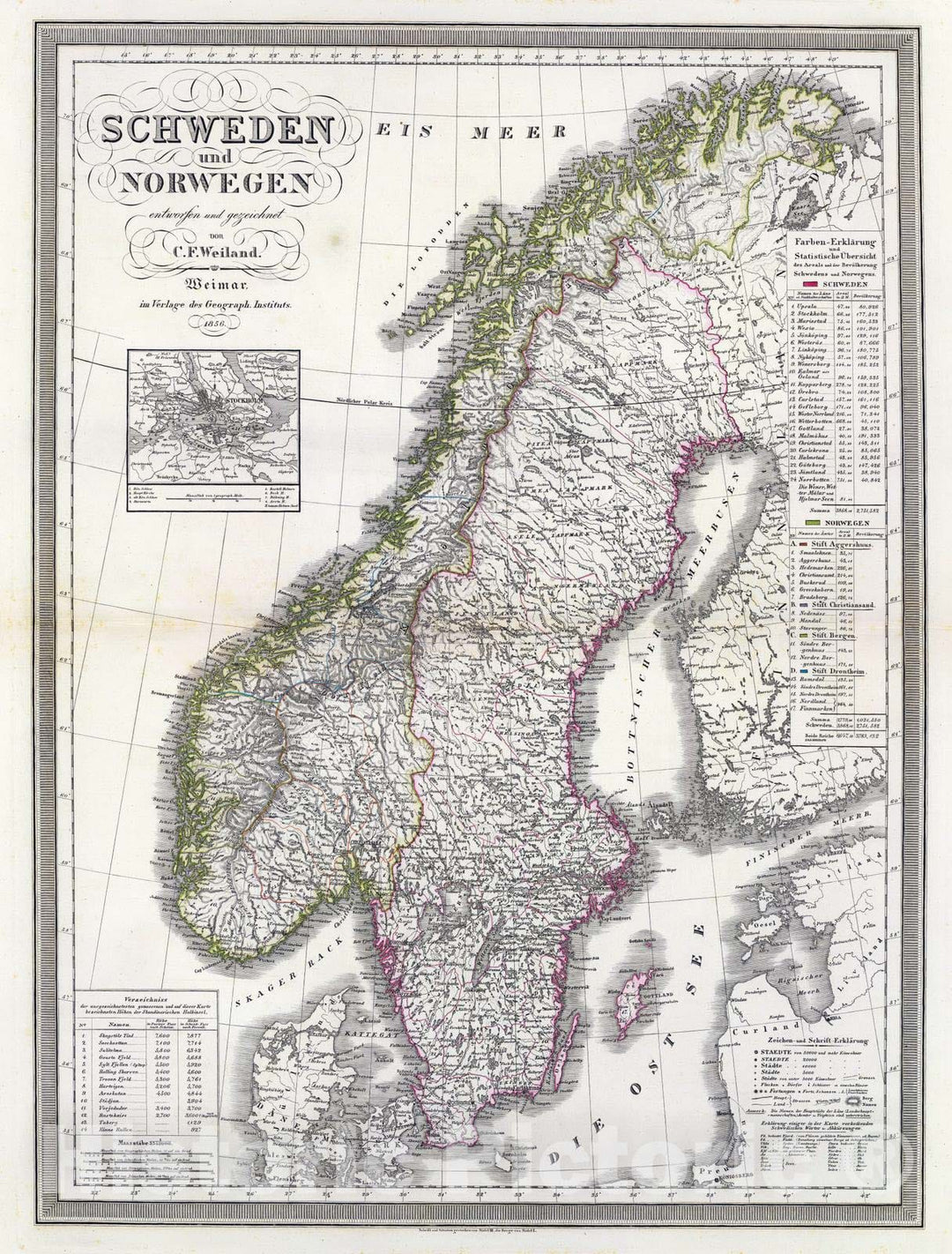 Historic Map : Norway; Sweden, 1856 Schweden, Norwegen. , Vintage Wall Art