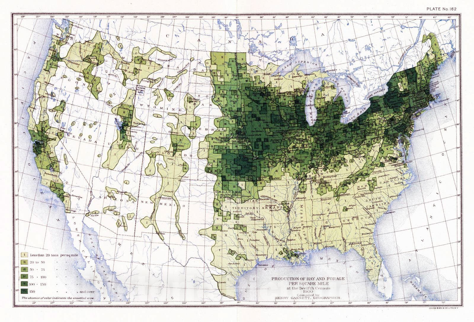 Historic Map : United States, 1903 162. Hay, forage/sq. mile. , Vintage Wall Art