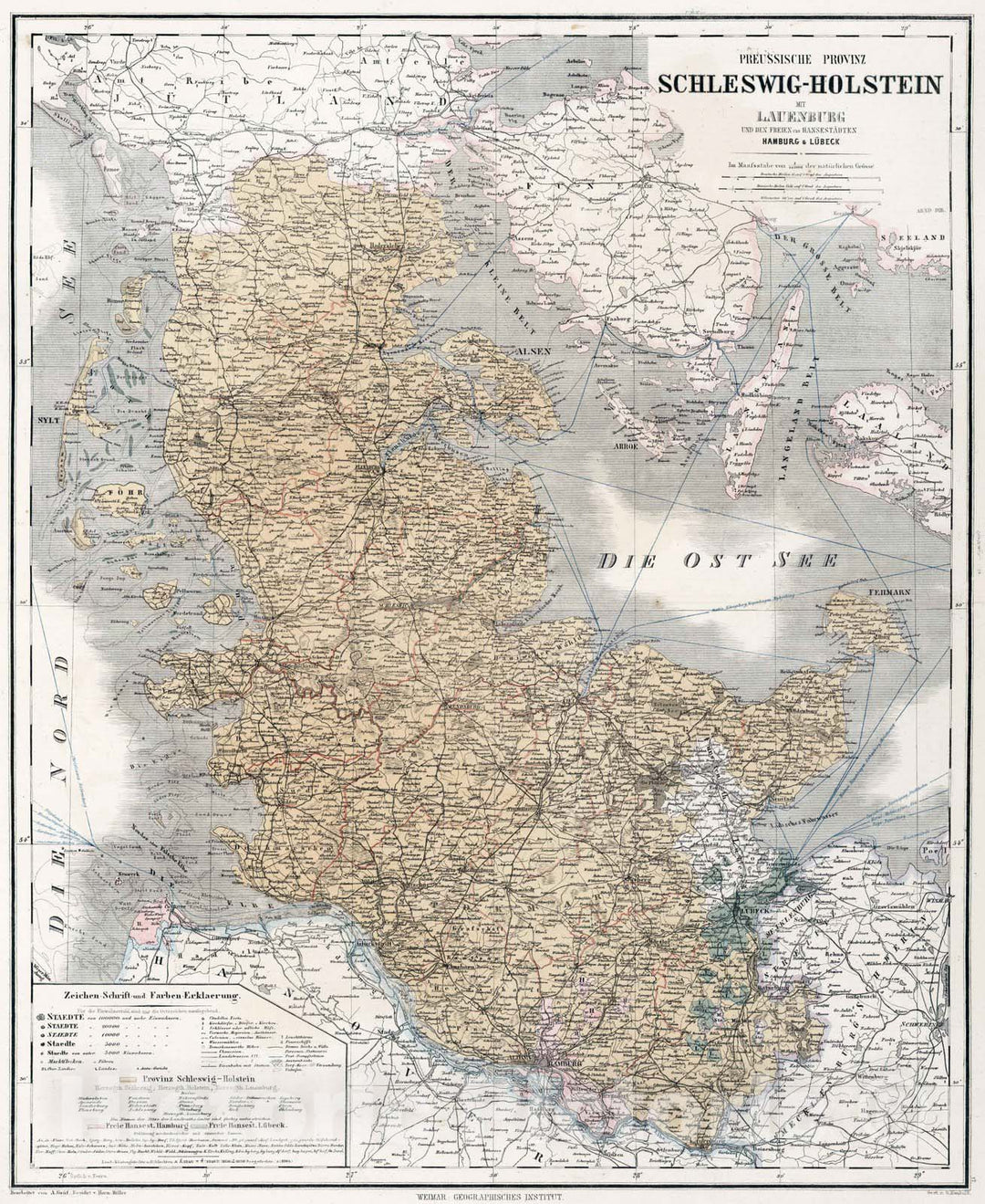 Historic Map : Germany, 1879 Schleswig, Holstein and Lauenburg, Germany , Vintage Wall Art