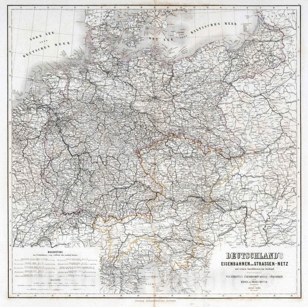 Historic Map : 1875 Germany's Railway and Highway Network. - Vintage Wall Art