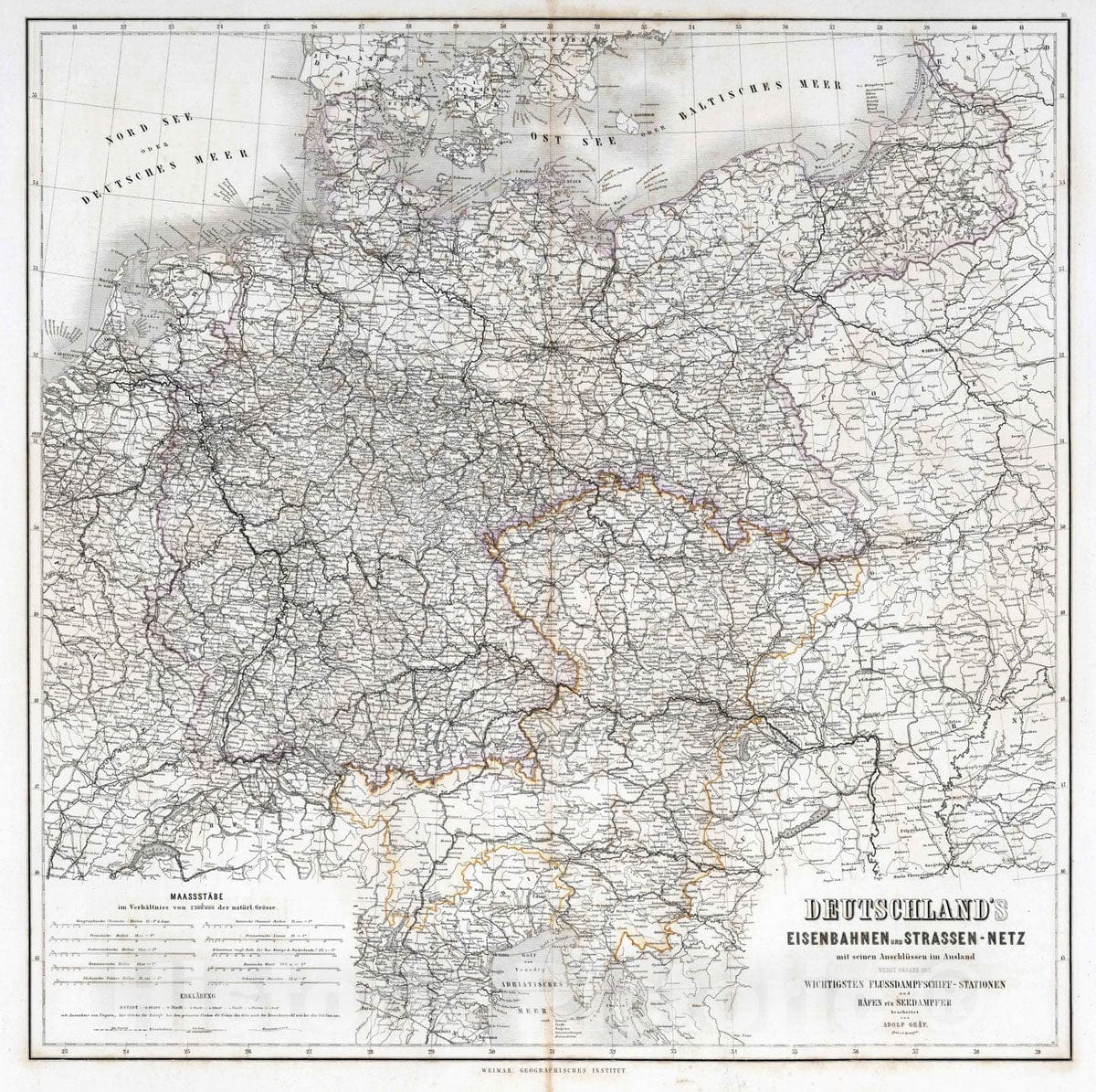 Historic Map : 1875 Germany's Railway and Highway Network. - Vintage Wall Art