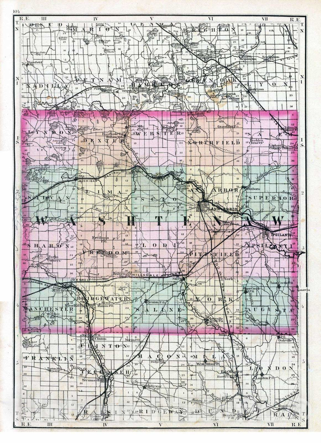 Historic Map : 1873 (Map of Washtenaw County, Michigan) - Vintage Wall Art