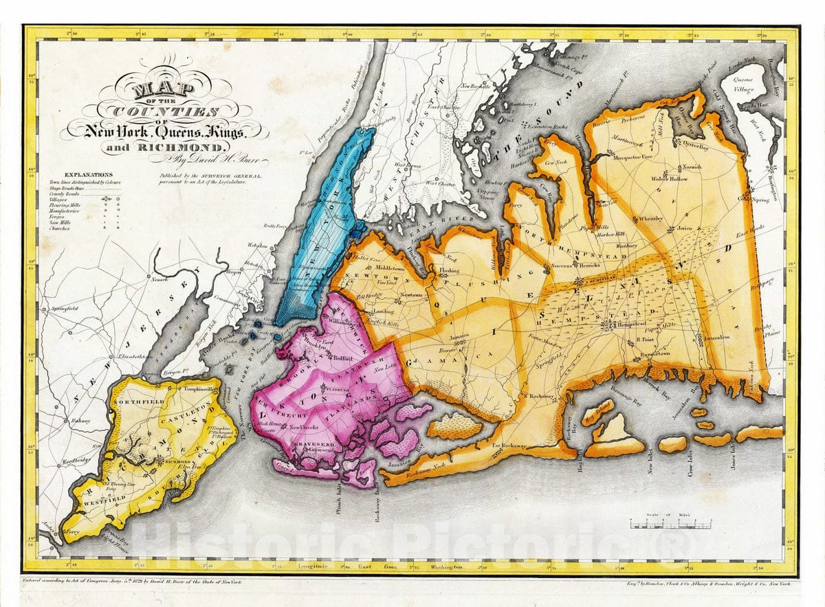 Historic Wall Map : 1829 New York, Queens, Kings, Richmond counties. - Vintage Wall Art