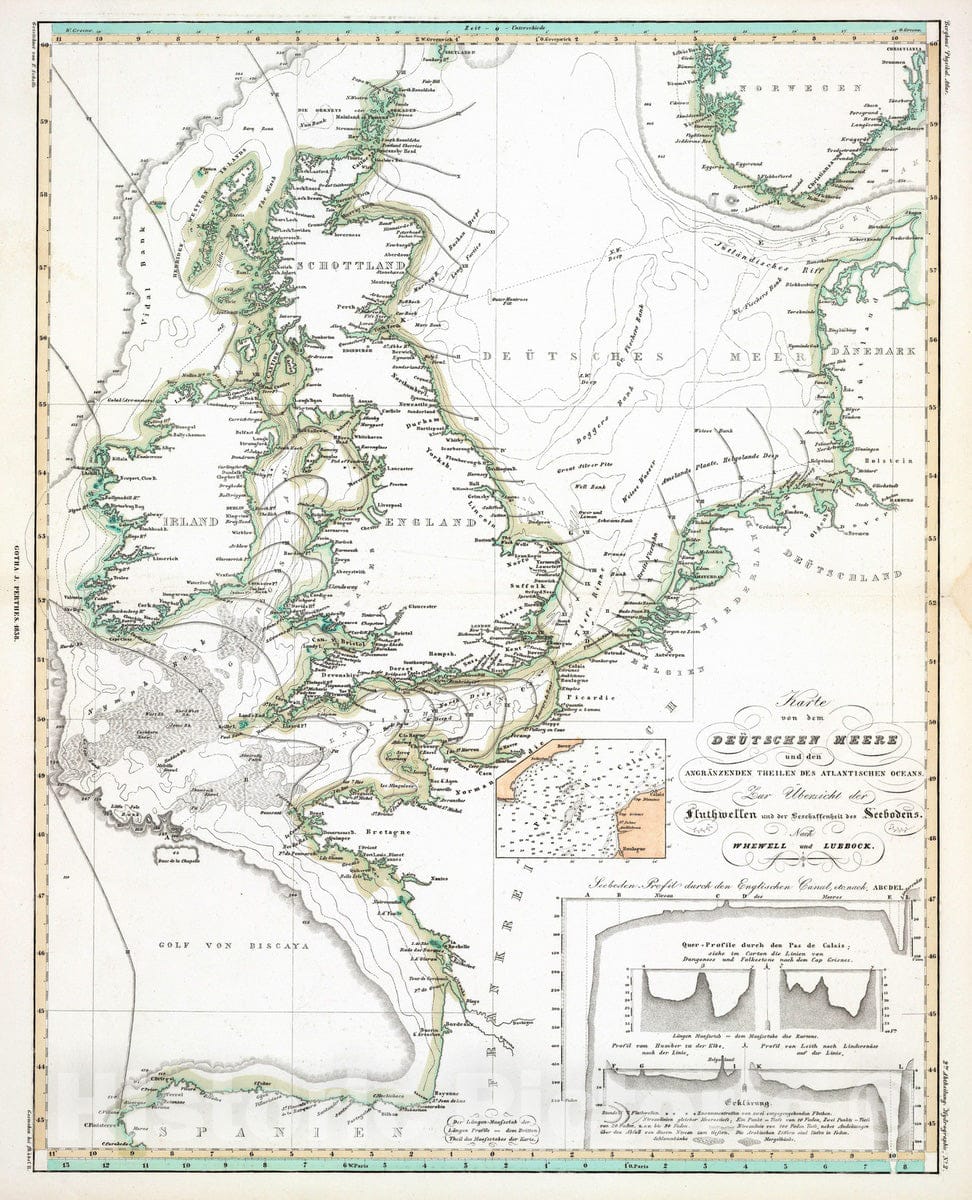 Historic Map : England; France, United Kingdom 1838 Karte von dem Deutschen Meere und den Angranzenden Theilen Des Atlantischen Oceans. , Vintage Wall Art