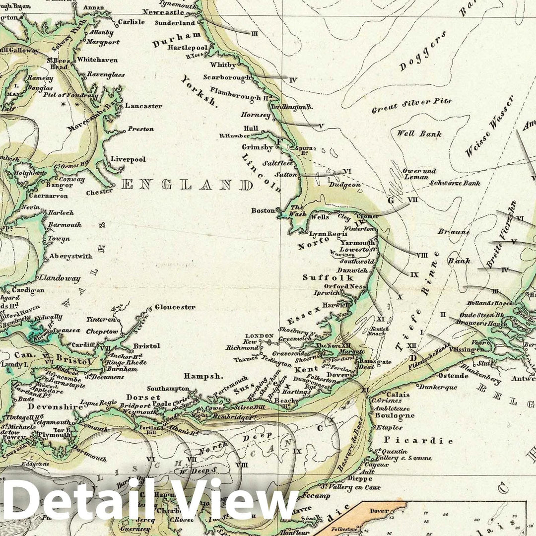 Historic Map : England; France, United Kingdom 1838 Karte von dem Deutschen Meere und den Angranzenden Theilen Des Atlantischen Oceans. , Vintage Wall Art