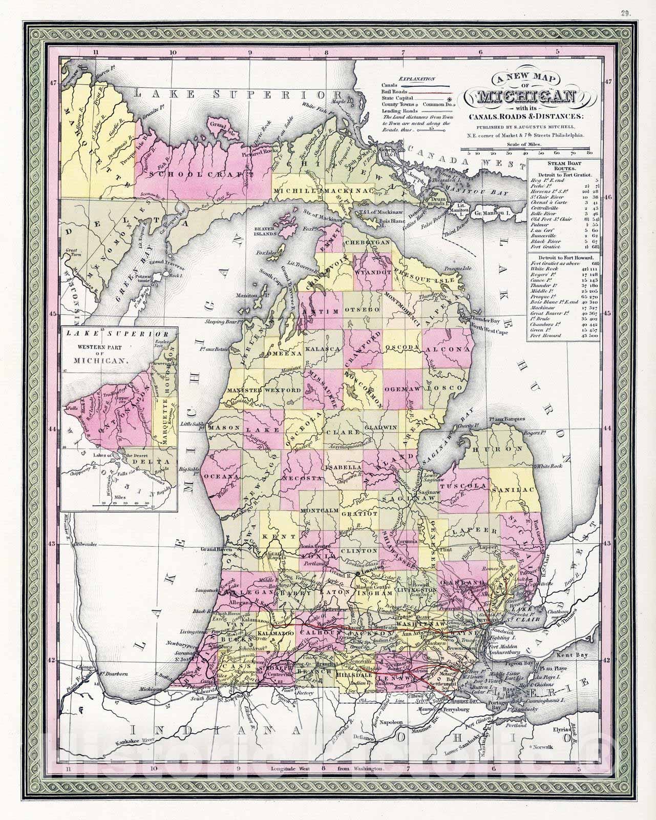 Historic Map : 1849 New Map of Michigan with its Canals, Roads & Distances - Vintage Wall Art