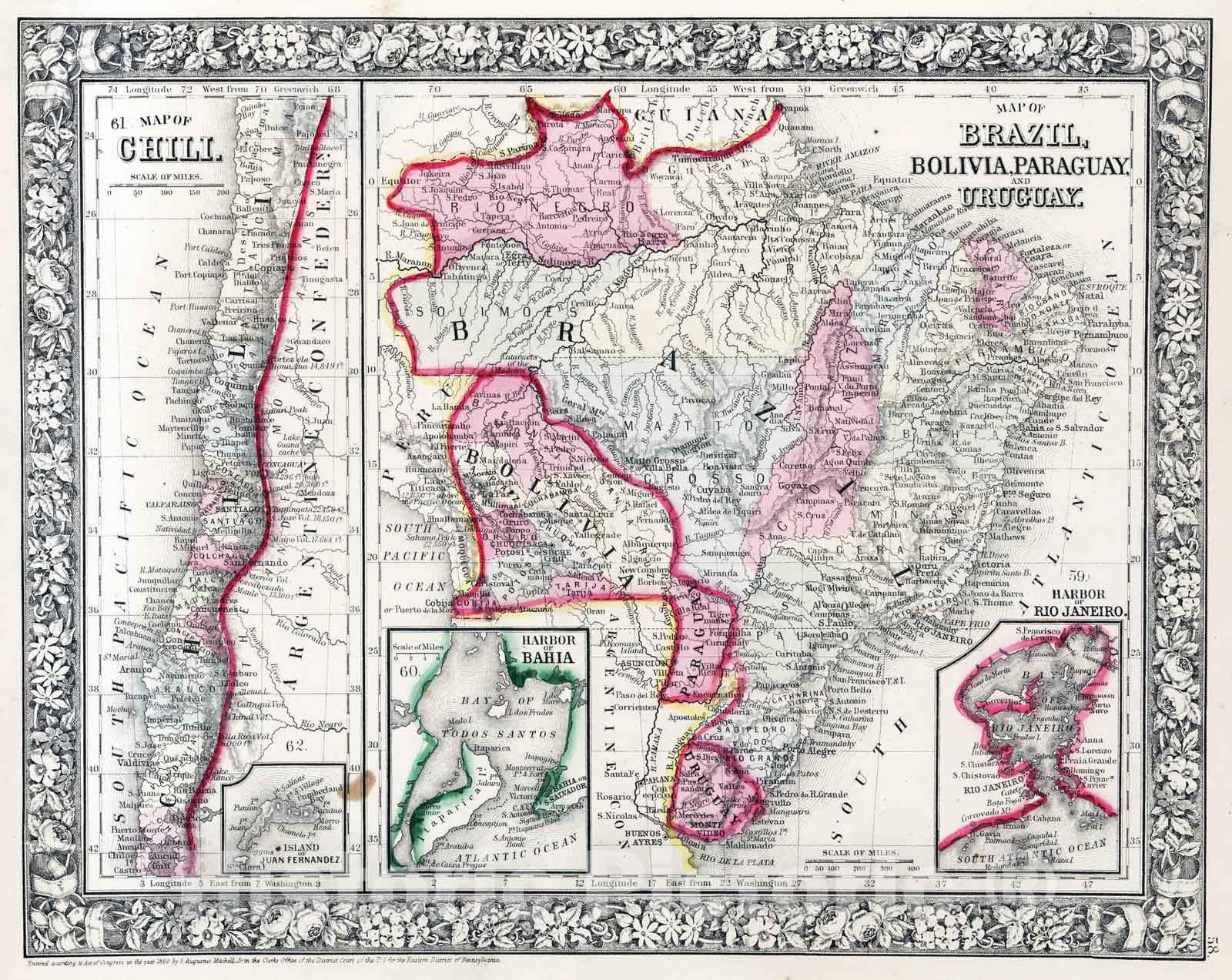 Historic Map : 1865 Map of Brazil, Bolivia, Paraguay, and Uruguay - Vintage Wall Art