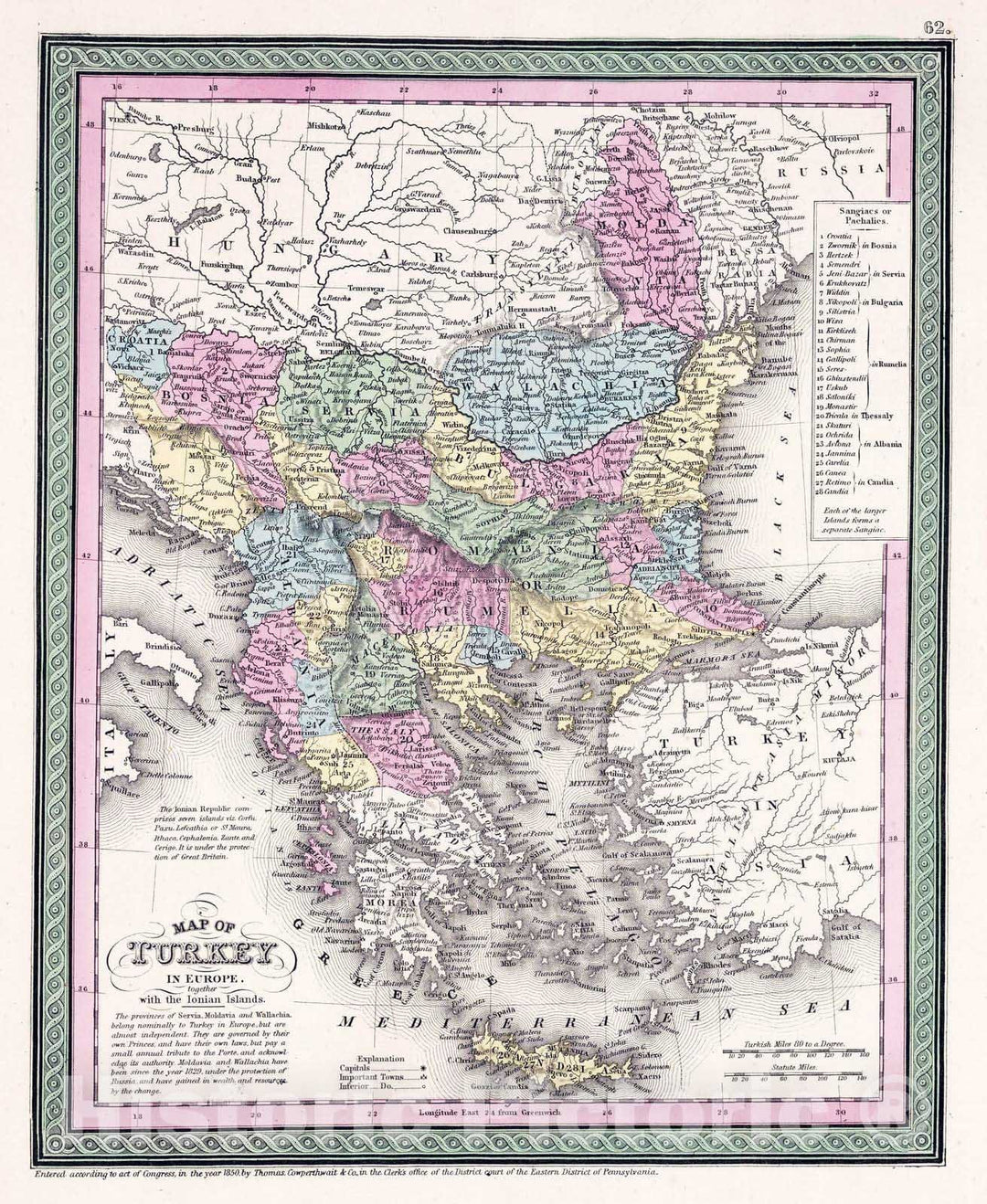 Historic Map : 1853 Turkey in Europe. Together with Ionian Islands - Vintage Wall Art