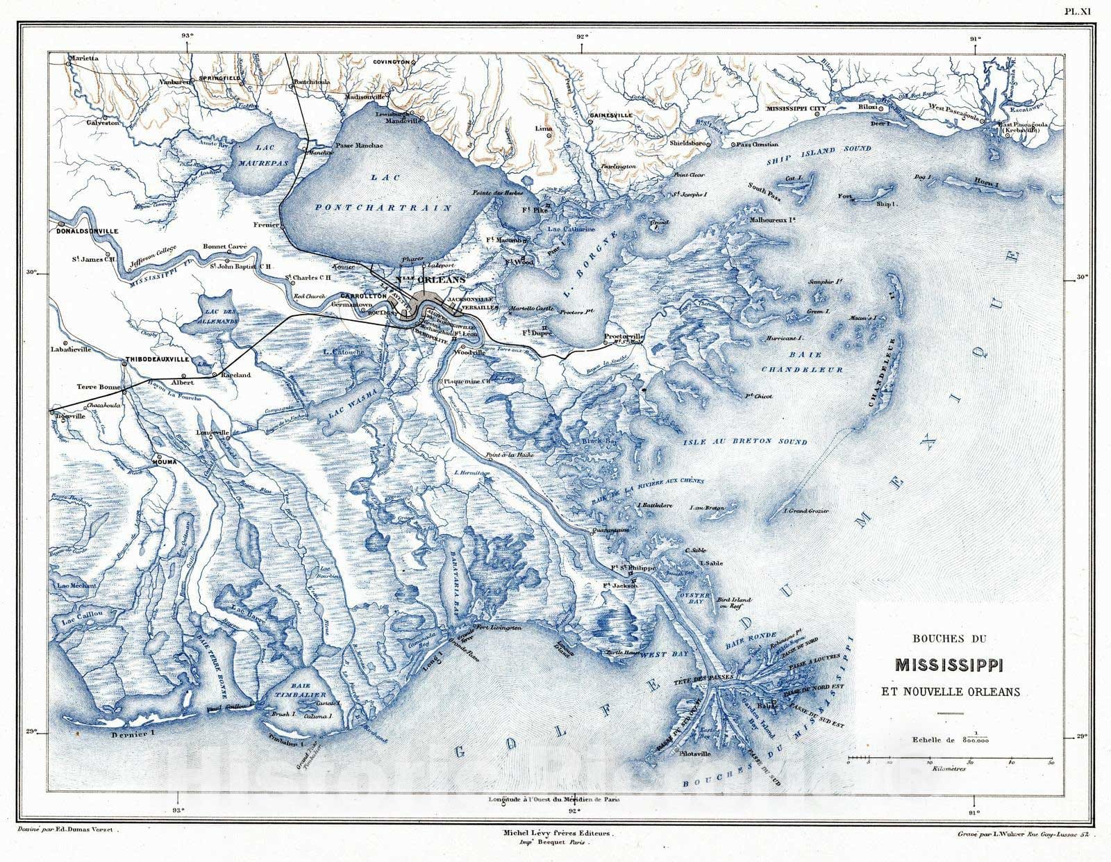 Historic Map : Louisiana, Mississippi Delta 1875 Planche XI. Bouches du Mississippi et Nouvelle Orleans. , Vintage Wall Art