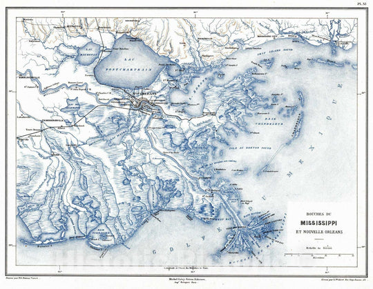 Historic Map : Louisiana, Mississippi Delta 1875 Planche XI. Bouches du Mississippi et Nouvelle Orleans. , Vintage Wall Art