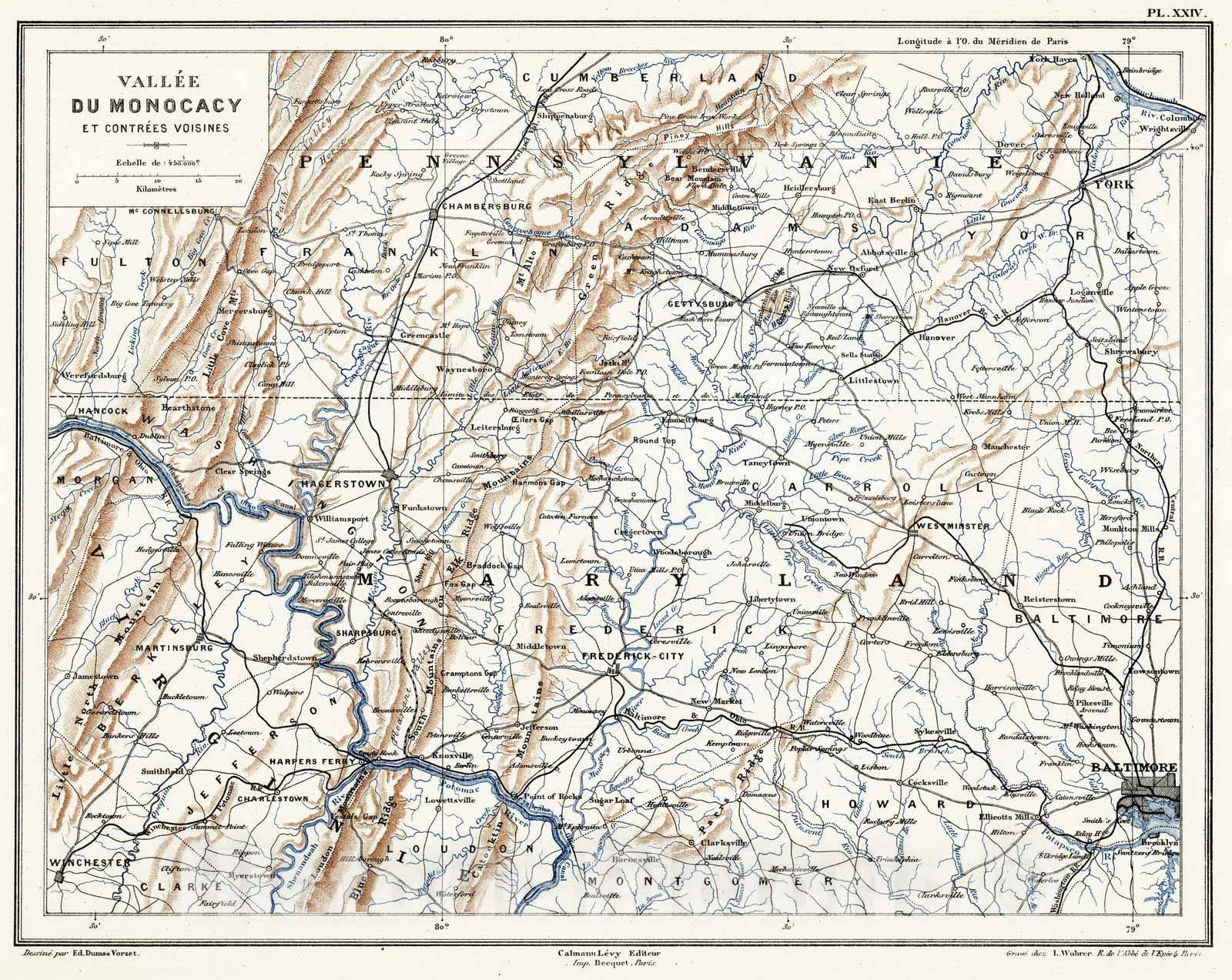 Historic Map : Maryland, 1875 Planche XXIV. Vallee du Monocacy et Contrees Voisines. , Vintage Wall Art