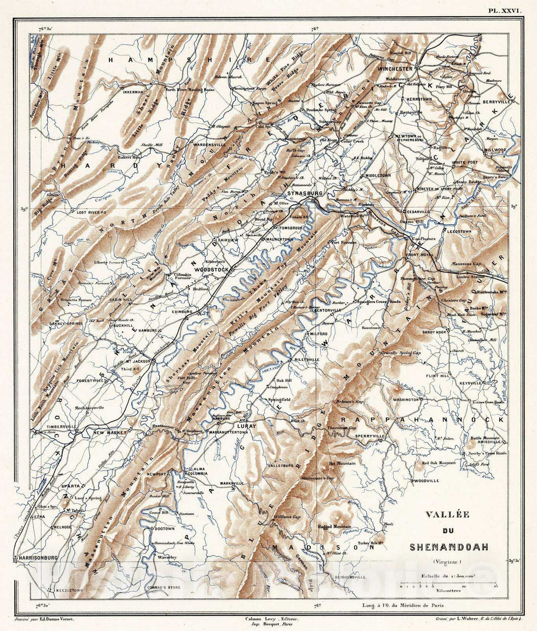 Historic Map : Virginia, 1875 Planche XXVI. Valley du Shenandoah (Virginie). , Vintage Wall Art