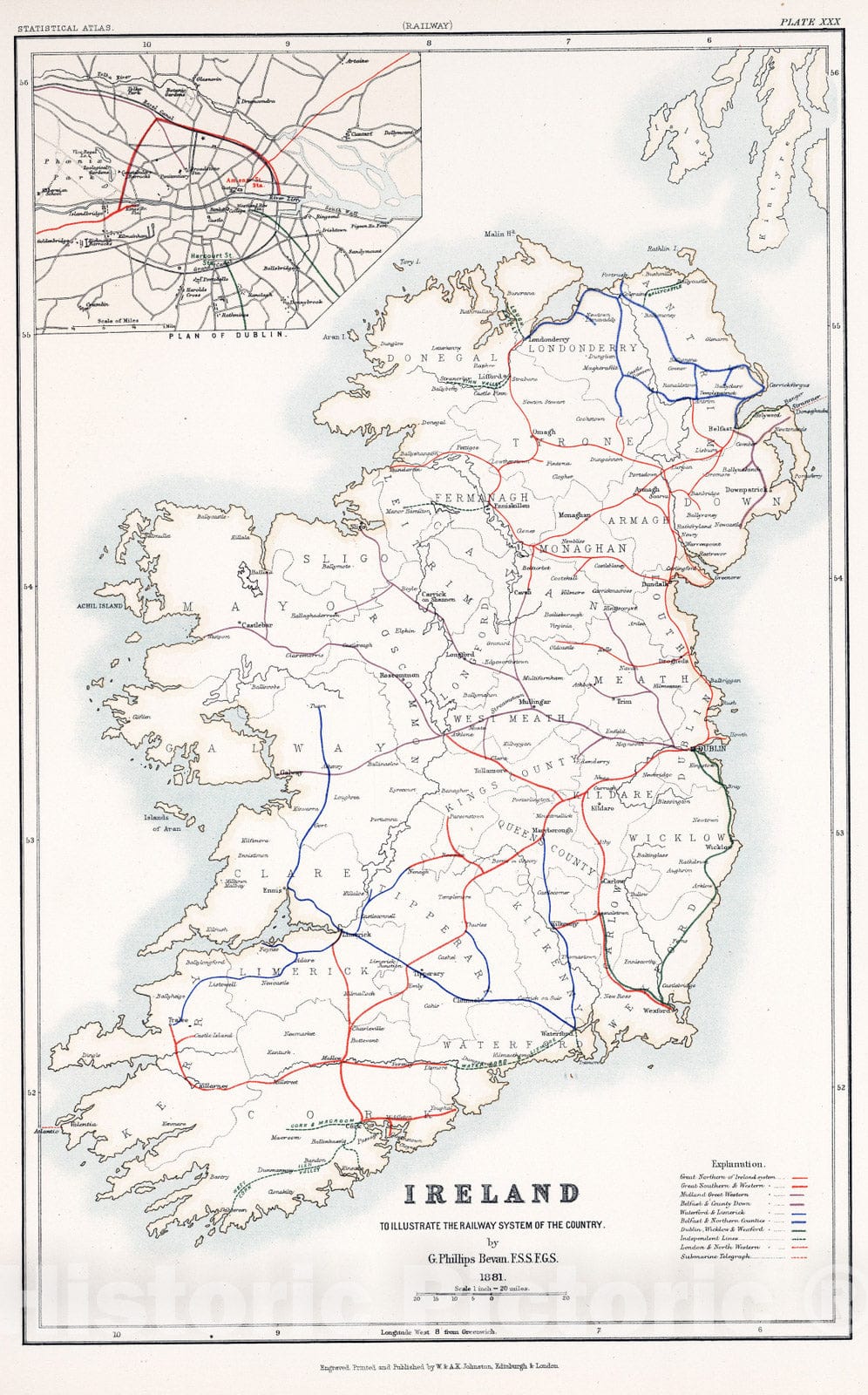 Historic Map : Statistical Atlas - 1881 Ireland to Illustrate the Railway System of the Country. - Vintage Wall Art