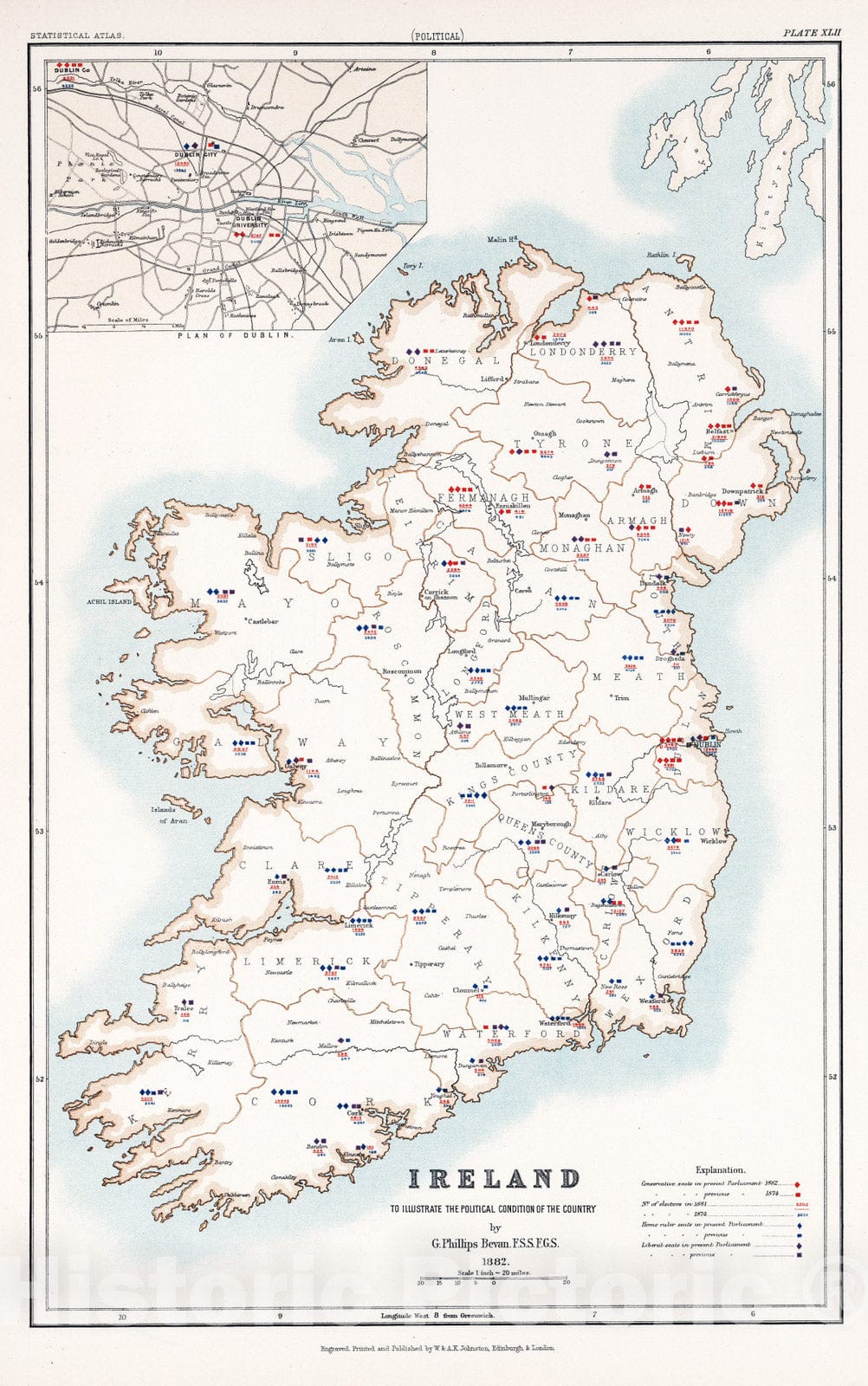 Historic Map : Statistical Atlas - 1882 Ireland to Illustrate the Political Condition of the Country. - Vintage Wall Art