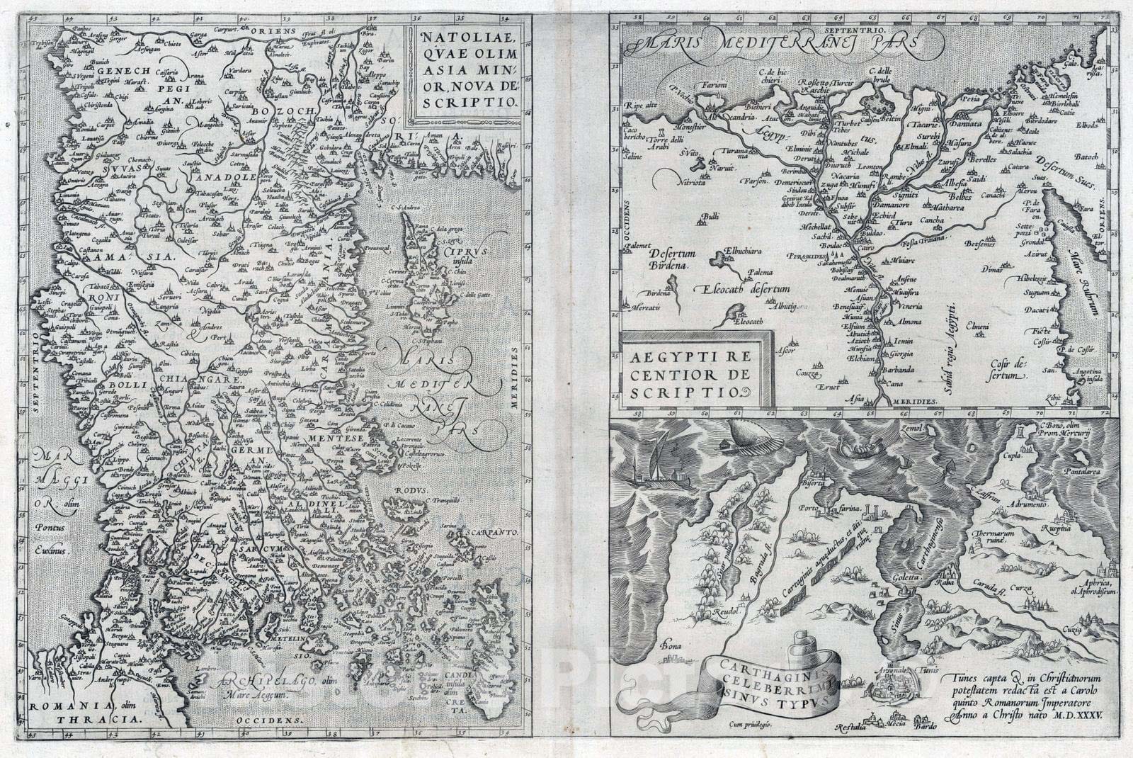 Historic Map : Turkey , Tunis (Tunisia), Asia Minor 1570 (52) Natoliae (with) Aegypti (with) Carthaginis. , Vintage Wall Art