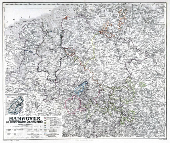 Historic Map : Germany, 1875 Hannover, Brunswick, Oldenburg and Hansestaedte, Germany. , Vintage Wall Art