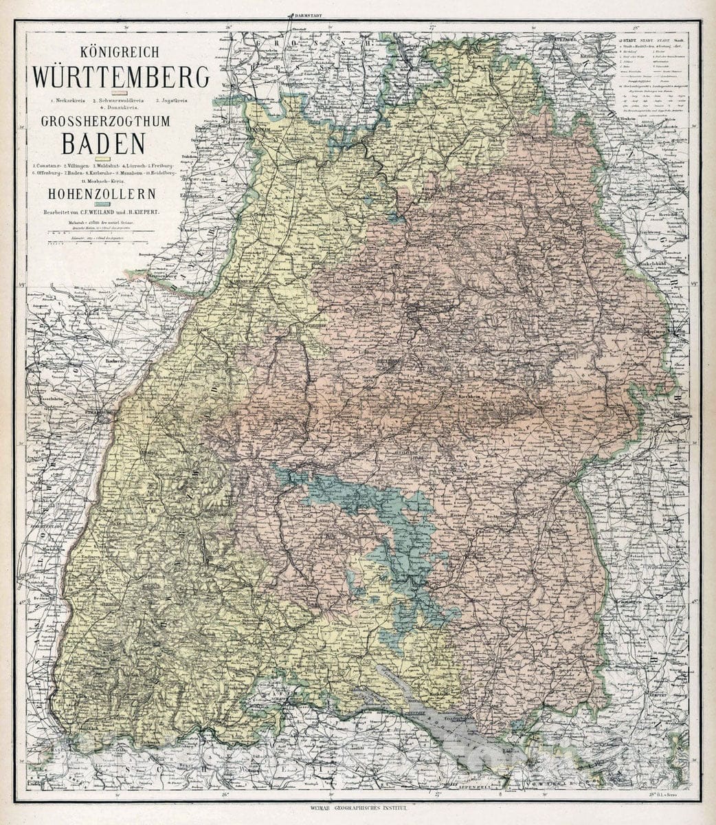 Historic Map : 1886 Kingdom Wuerttemberg, the Grand Duchy of Baden, Germany. - Vintage Wall Art