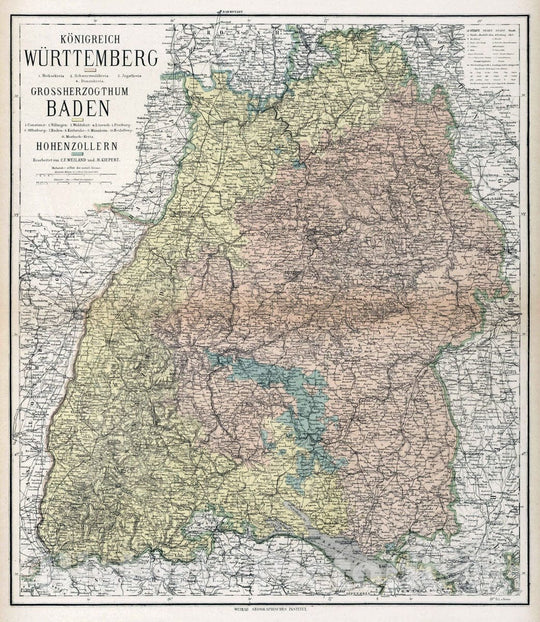 Historic Map : 1886 Kingdom Wuerttemberg, the Grand Duchy of Baden, Germany. - Vintage Wall Art