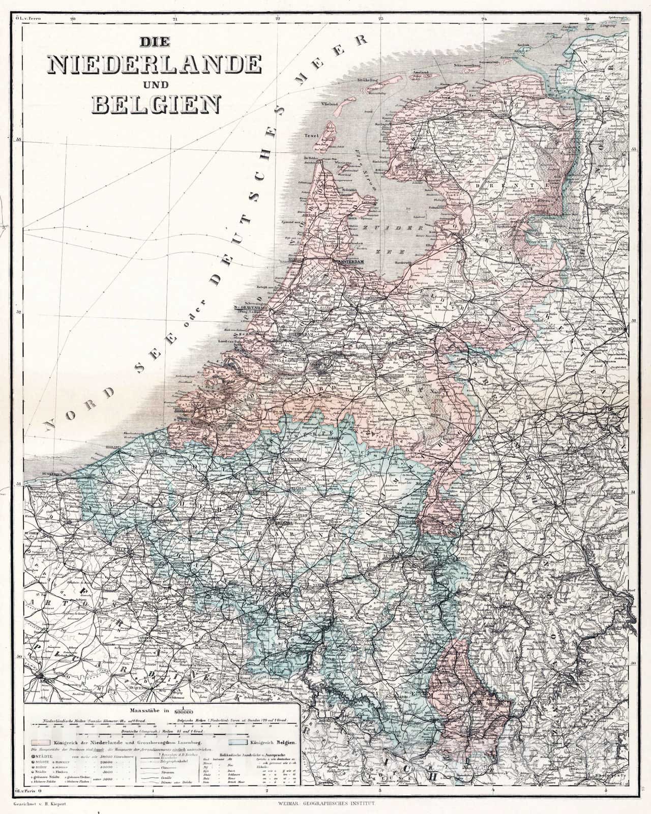 Historic Map : 1886 Netherlands and Belgium. - Vintage Wall Art