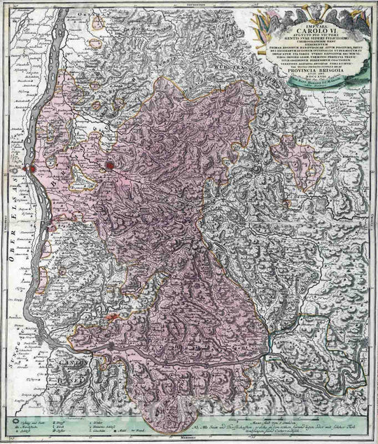 Historic Map : Germany, Rhine River 1718 Imp.Caes. Carolo VI, Provincia Brisgola. , Vintage Wall Art