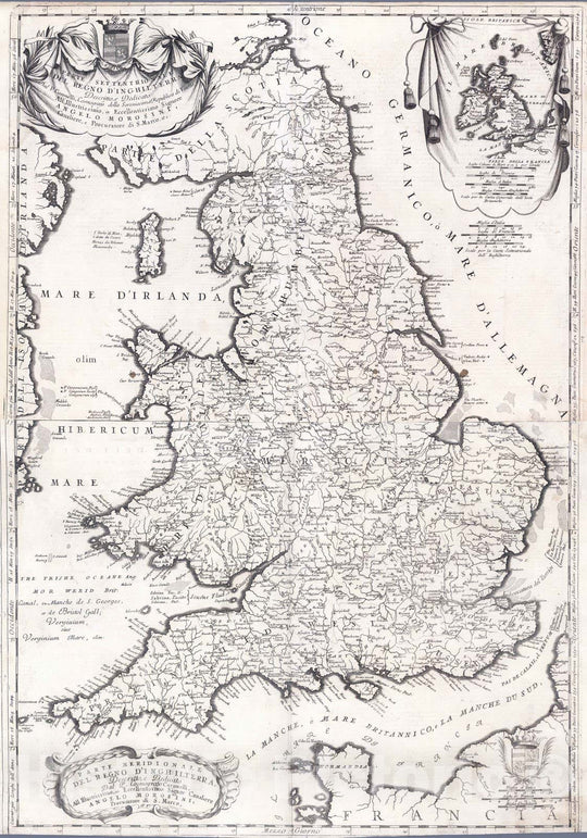 Historic Wall Map : England, 1697 Composite: Parte meridionale del Regno D'Inghilterra. Parte settentrionale del regno d'Inghilterra , Vintage Wall Art