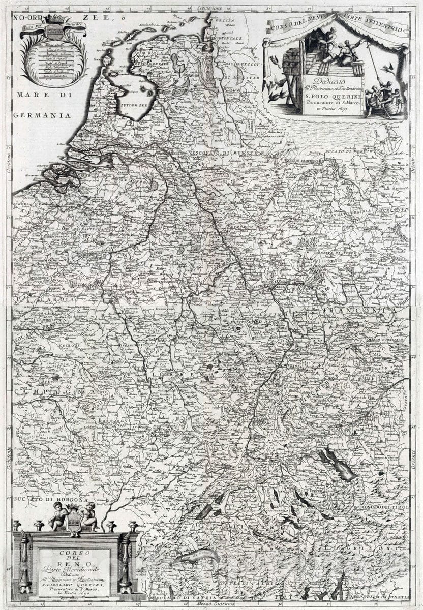 Historic Map : France, 1690 Composite Map: Corso del Reno Parte Meridionale. , Vintage Wall Art