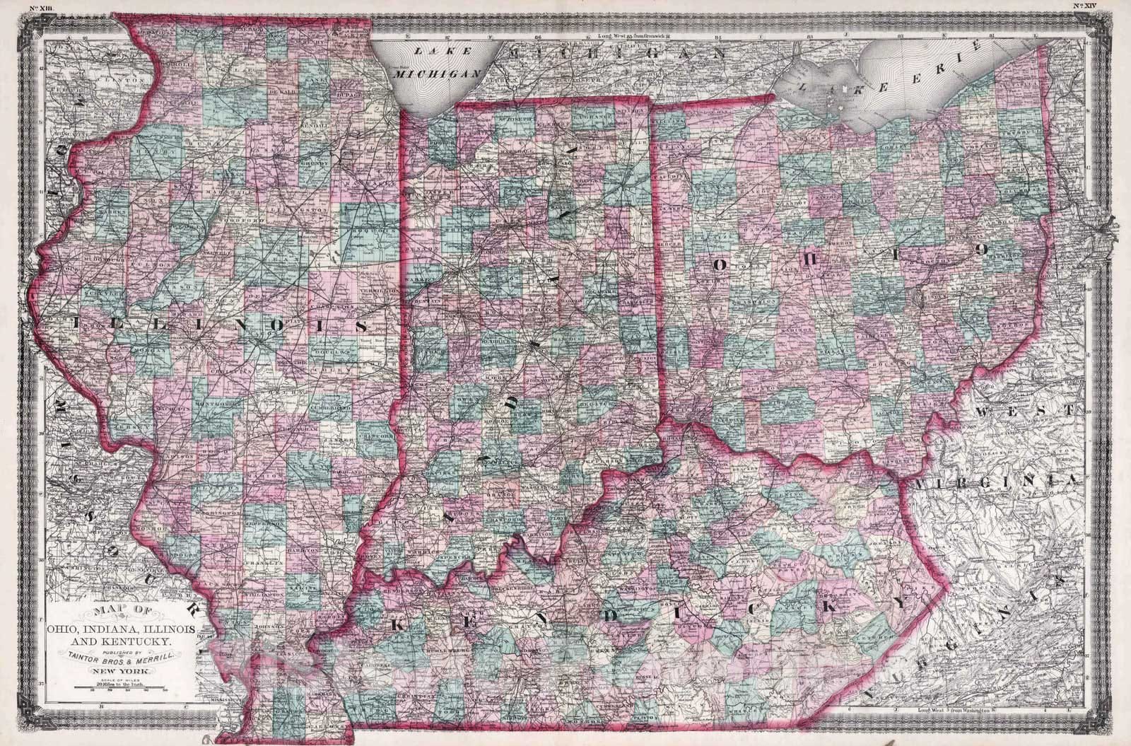 Historic Map : 1874 Ohio, Indiana, Illinois, and Kentucky. - Vintage Wall Art