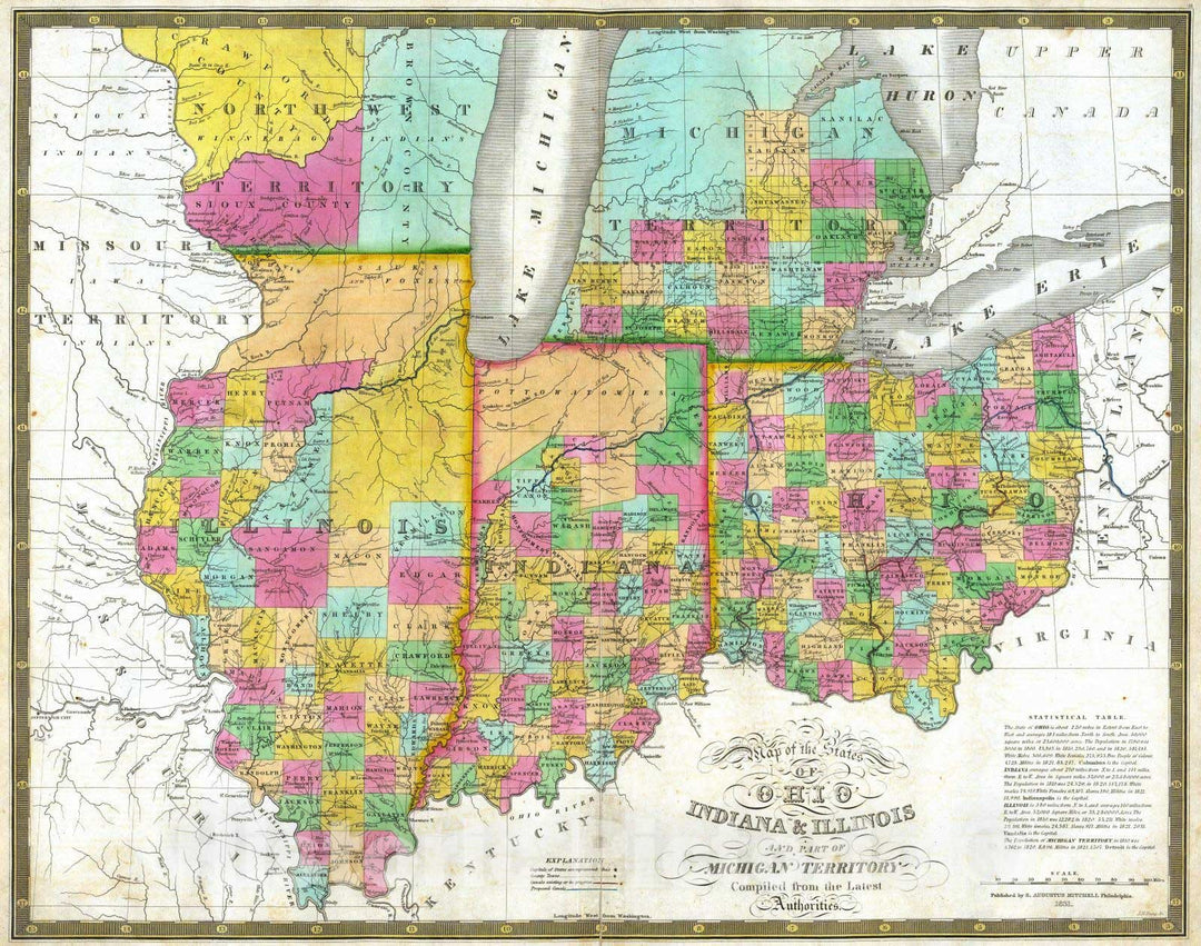 Historic Wall Map : National Atlas - 1831 Ohio, Indiana & Illinois And Part Of Michigan Territory. - Vintage Wall Art