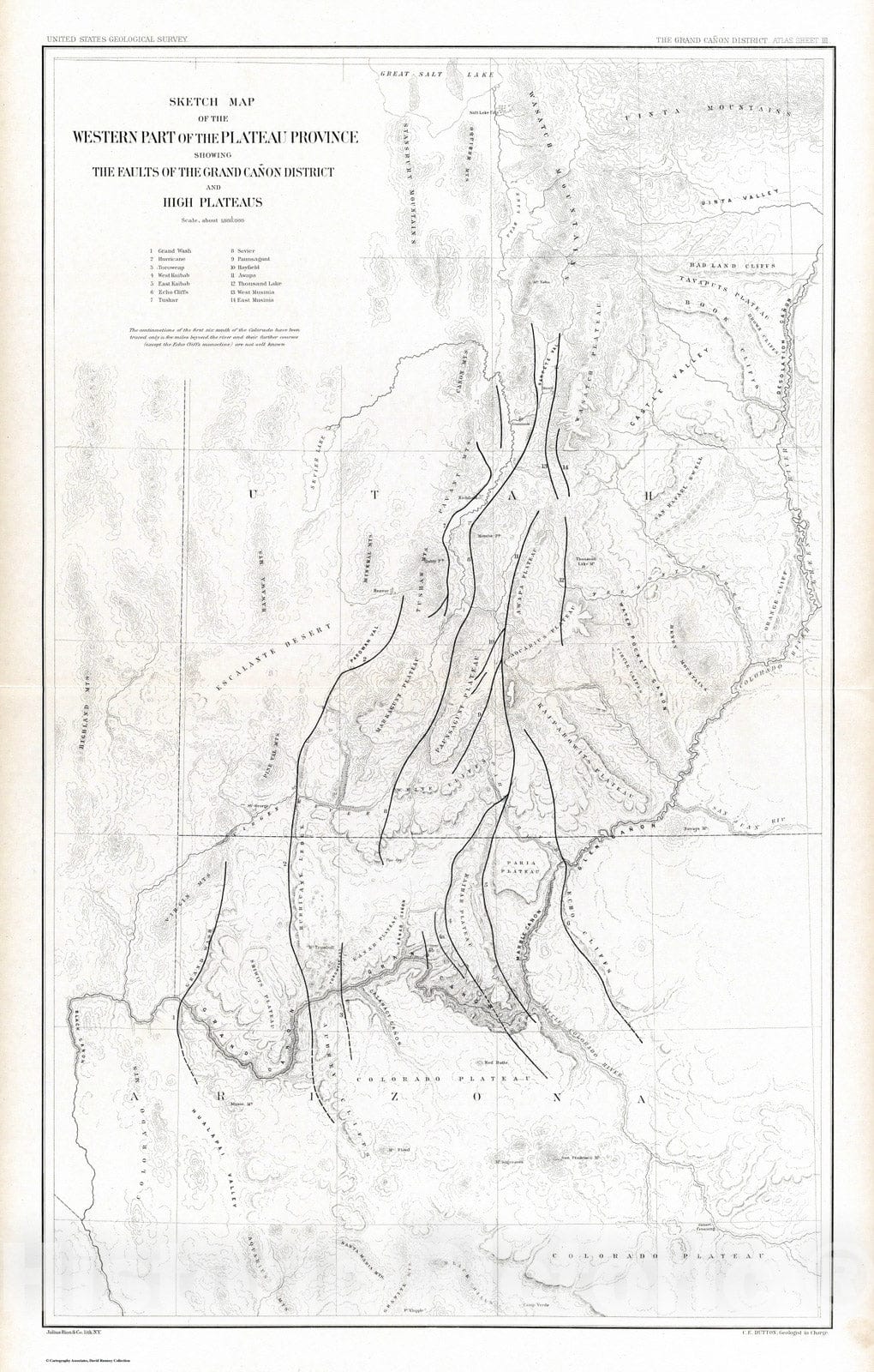 Historic Map : Geologic Atlas - 1882 Sketch Map, showing The Faults of the Grand Canon District. - Vintage Wall Art