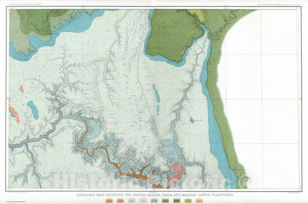 Historic Map : Geologic Atlas - 1882 Geologic Map Showing The Kanab, Paria And Marble Canon Platforms. - Vintage Wall Art