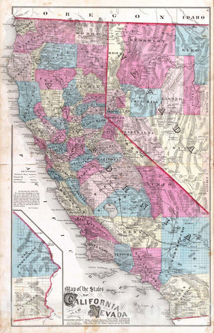 Historic Map : 1877 Map of the States of California and Nevada. - Vintage Wall Art