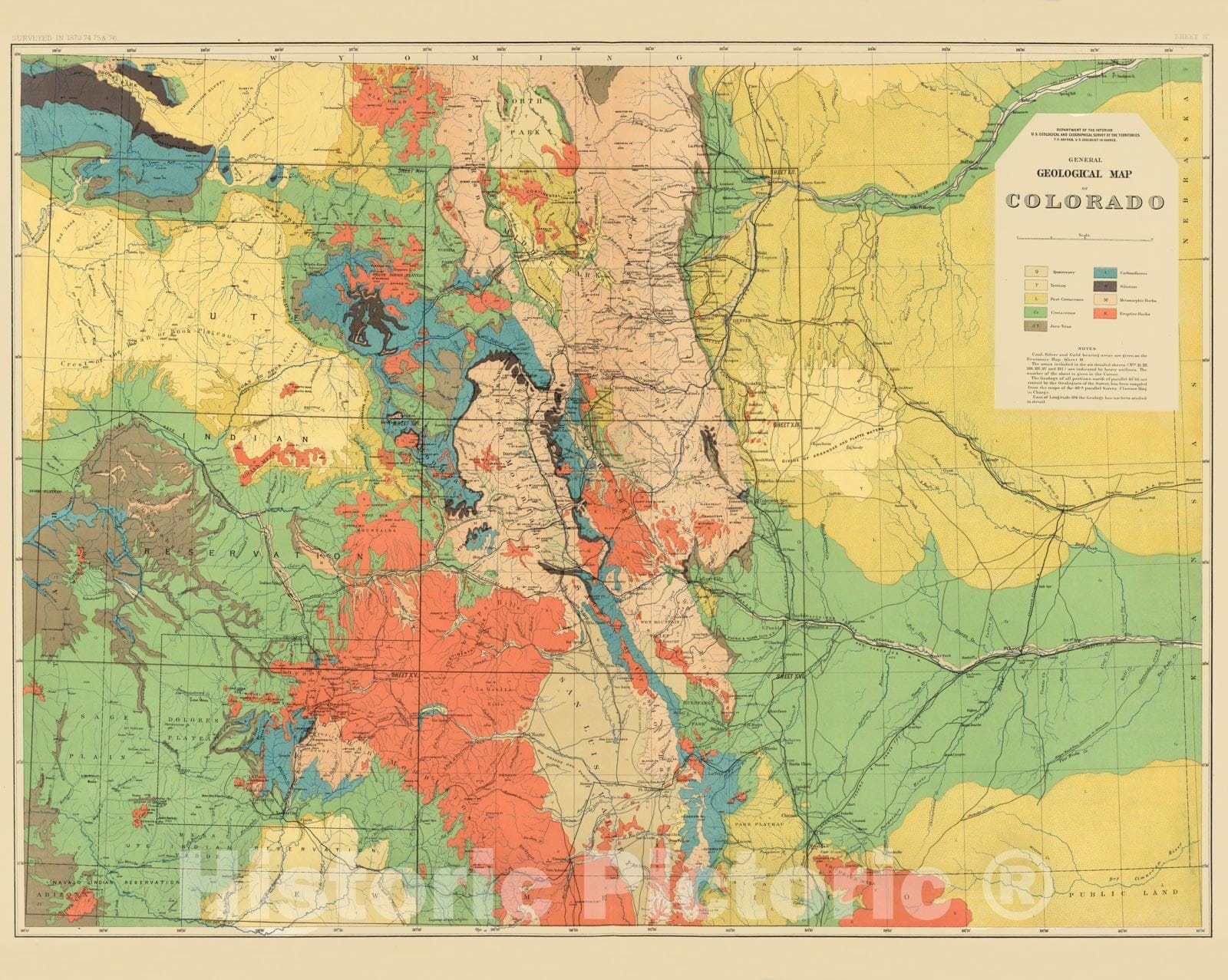 Historic Map : 1881 General Geological Map of Colorado. - Vintage Wall Art