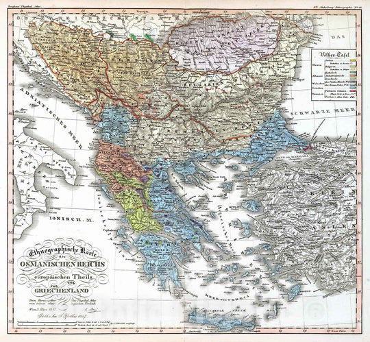 Historic Map : Greece, Ottoman Empire 1847 Ethnographische Karte des Osmanischen Reichs. , Vintage Wall Art