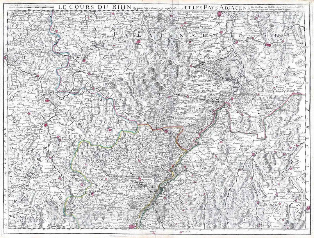 Historic Map : France; Germany, Rhine River Valley 1704 Le Cours du Rhin depuis Strasbourg, jusqu'a Worms et le pays adjacens. , Vintage Wall Art