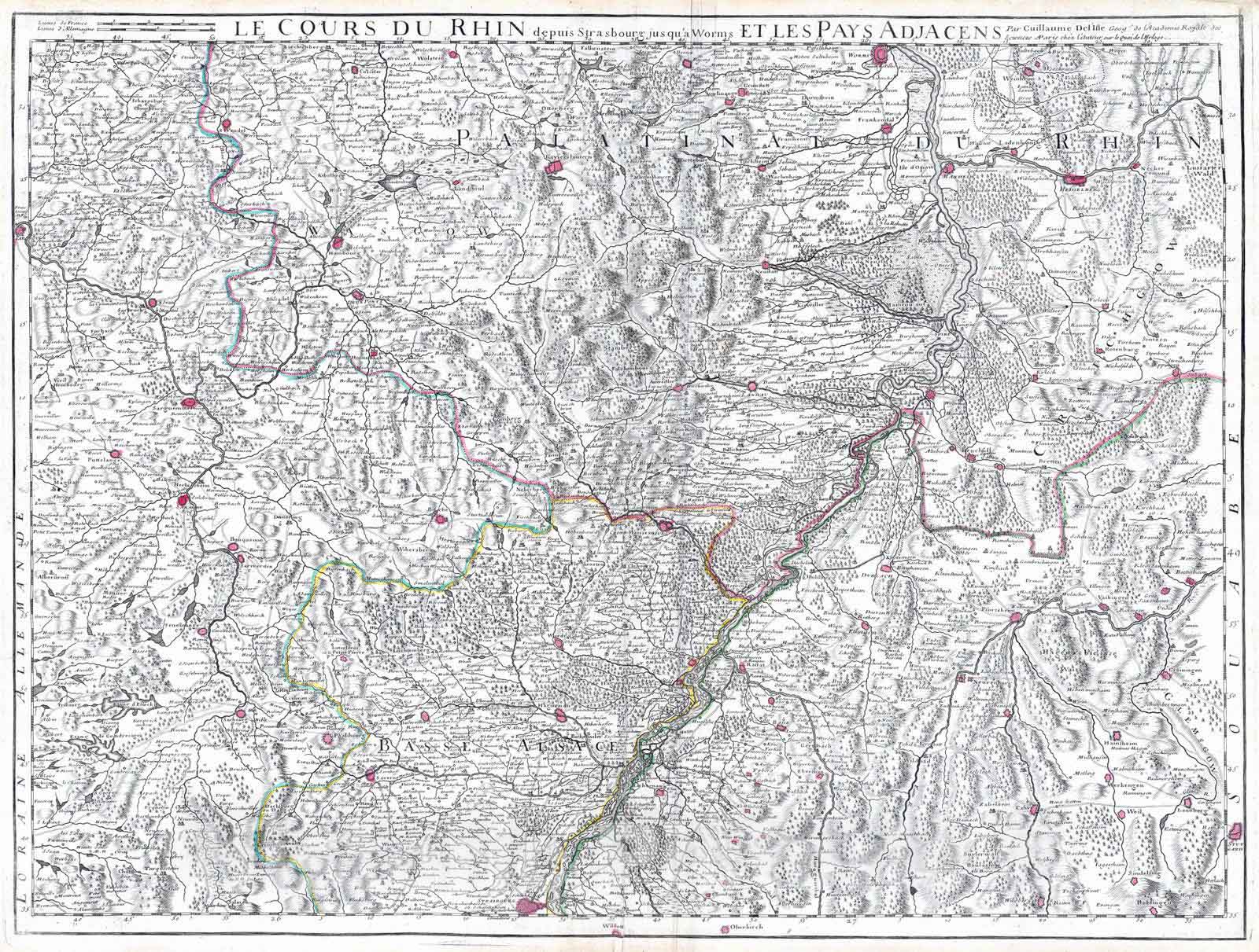 Historic Map : France; Germany, Rhine River Valley 1704 Le Cours du Rhin depuis Strasbourg, jusqu'a Worms et le pays adjacens. , Vintage Wall Art