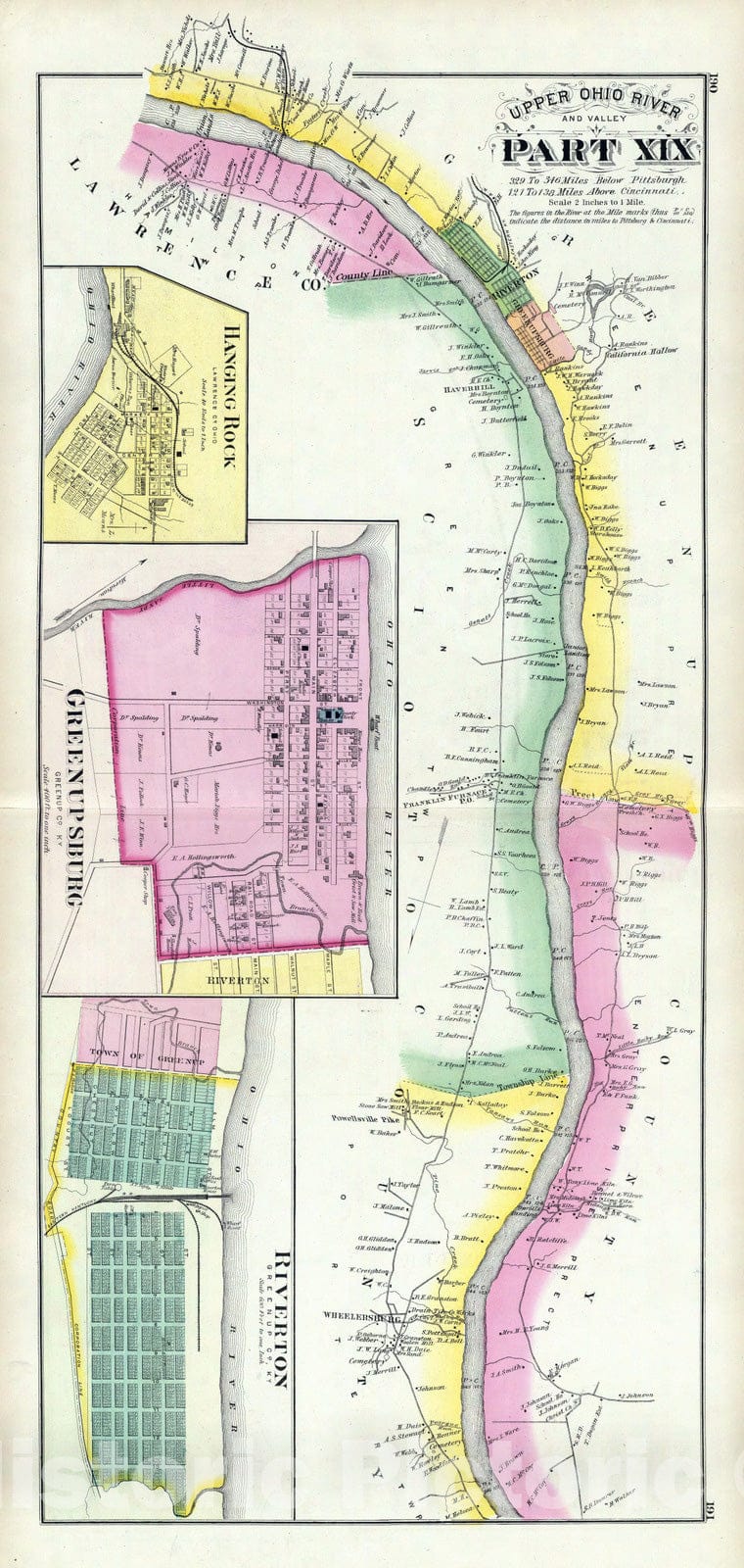 Historic Map : 1877 Upper Ohio River and Valley part XIX, 329 to 346 miles below Pittsburgh, (with) Hanging Rock, Ohio; Greenupsburg, Riverton, Ky.