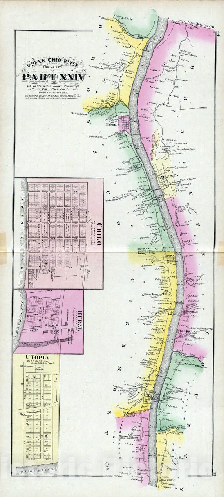 Historic Wall Map : 1877 Upper Ohio River and Valley part XXIV, 418 to 434 miles below Pittsburgh, (with) Chilo, Rural, Utopia, Clermont Co, O. - Vintage Wall Art