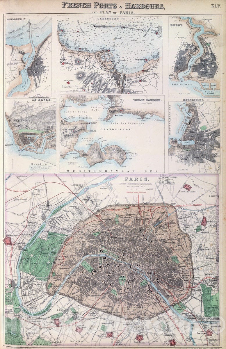 Historic Map : 1872 French Ports & Harbours, and Plan of Paris. - Vintage Wall Art