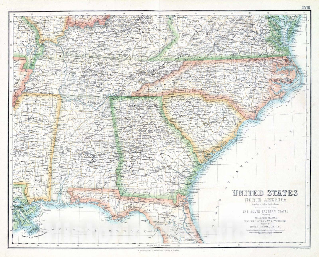 Historic Map : 1872 United States, South Eastern States. - Vintage Wall Art