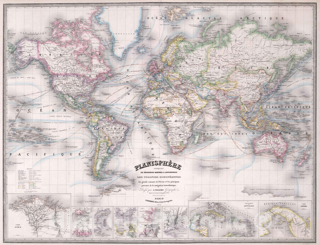 Historic Map : 1876 Planisphere Indiquant les Decouvertes Maritimes & Continentales, Les Colonies Europeennes. - Vintage Wall Art