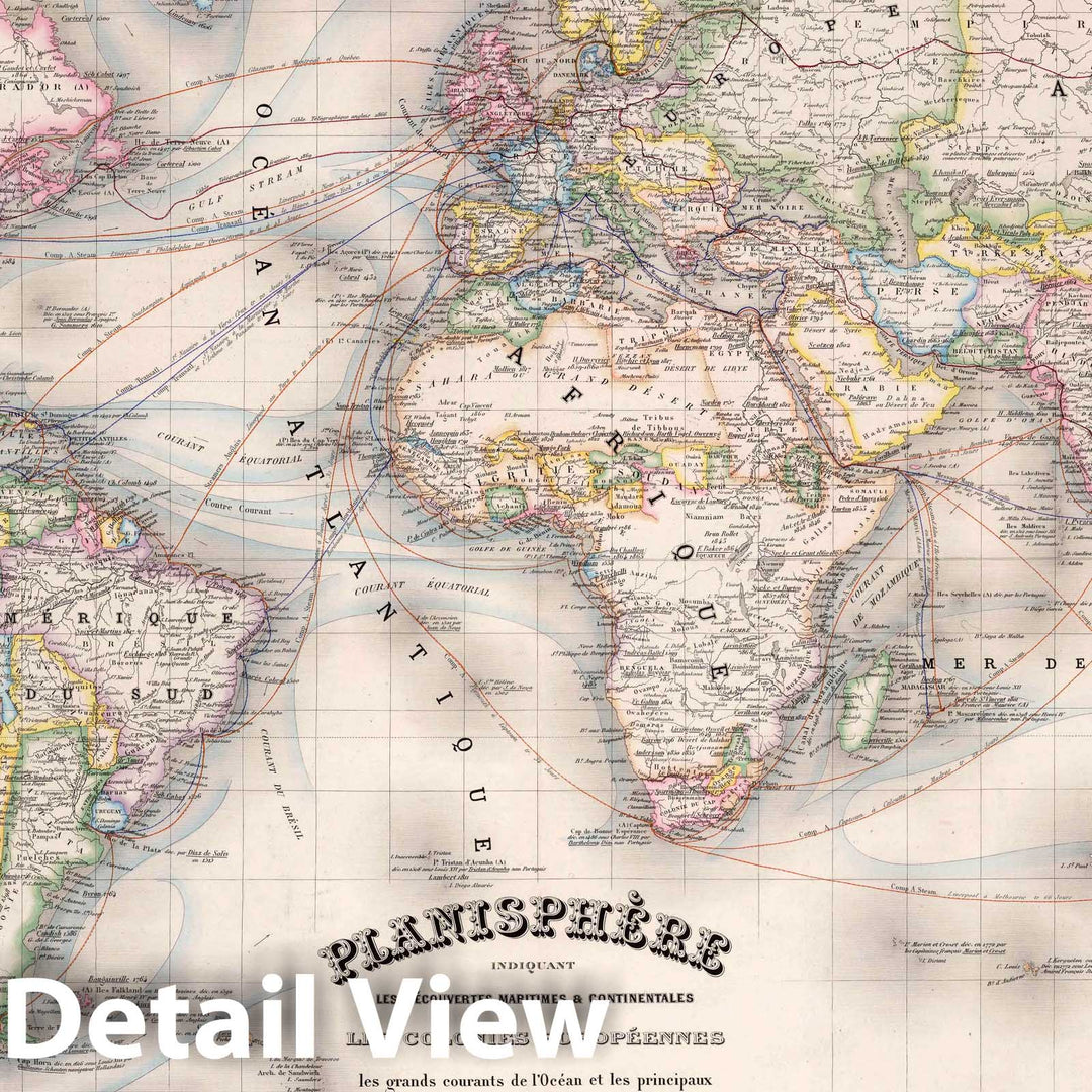 Historic Map : 1876 Planisphere Indiquant les Decouvertes Maritimes & Continentales, Les Colonies Europeennes. - Vintage Wall Art