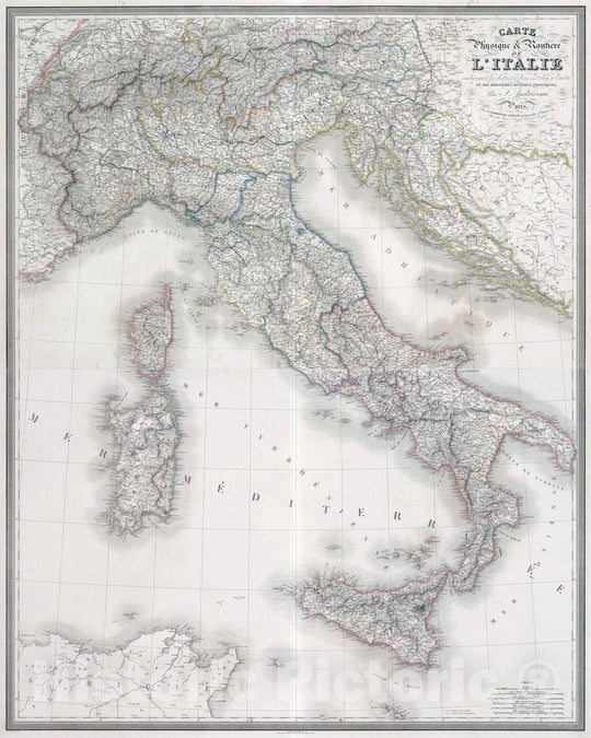 Historic Map : Italy, 1851 Composite Map: Carte Physique & Routiere de l'Italie. , Vintage Wall Art